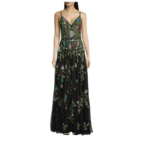 Mac Duggal Sequin Beaded Floral Black Multicolor Formal Maxi Dress Sz 4 NWT - Picture 1 of 9